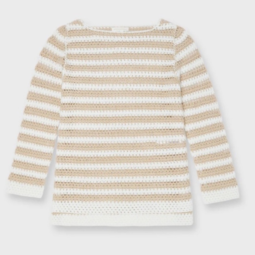 Ann Mashburn Fleur Cotton Sweater Tan & White Stripes size XL
